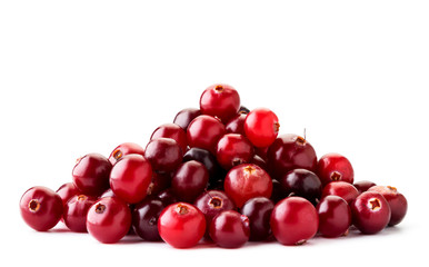 Pile of ripe cranberries close up on a white background. Isolated.
