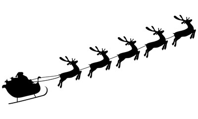 Christmas reindeers are carrying Santa Claus in a sleigh with gifts.