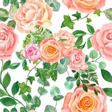 Beautiful watercolor floral seamless pattern. Blush pink garden roses, pastel colore peonies, green leaves and foliage on white background. Romantic botanical print in vintage style for design.