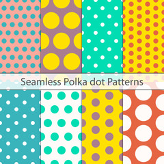 Polka dot seamless pattern cheerful set. Cute abstract fun color simple. Retro funny cartoon design ornament. Vector spring summer dots fashion style.