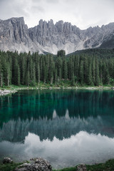 The beautiful and colourful lake of carezza in Trentino Alto Adige, North of Italy