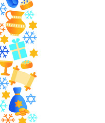 Jewish holiday, traditional Hanukkah card, symbols of Hanukkah symbols - wooden spinning top, donuts, menorah candles, jar of oil, star of David. Illustration Vector isolated on white. EPS10.