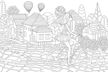 fashion girl riding bicycle in sweet town for your coloring book