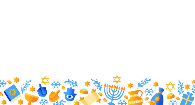 Jewish holiday, traditional Hanukkah card, symbols of Hanukkah symbols - wooden spinning top, donuts, menorah candles, jar of oil, star of David. Illustration Vector isolated on white. EPS10.