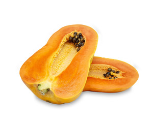 half of ripe papaya fruit with seeds isolated on white background , Clipping Path