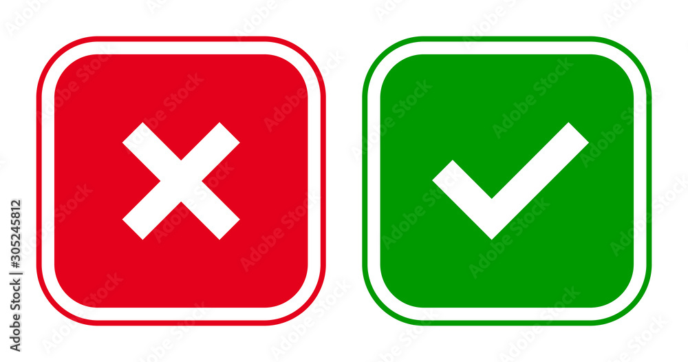 Poster Set of square x and check mark icons, buttons. Flat cross and tick symbols on white background.