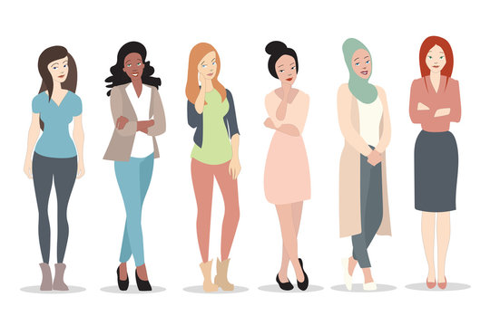 Young girls with different outfits, creed and race placed on white background. Women in flat design.- Vektorgrafik