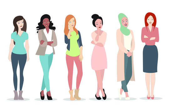 Young girls with different outfits, creed and race placed on white background. Women in flat design.- Vektorgrafik