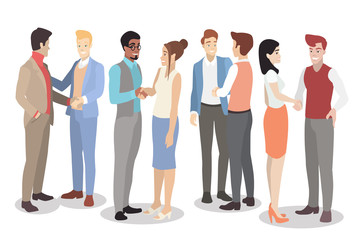 Fototapeta premium Young men and women in modern casual clothes shake hands. A colorful, vibrant collection of vectors that is ideal for commercial purposes and presentations.