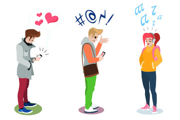 Young People using their smartphones for listen music and communication, social konzept. Seasons: winter, spring, autumn. Colors: green, gray, white, red, blue, black, orange, red, pink Flat design.