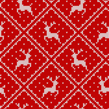 Knit christmas pattern. Red seamless print. Vector illustration.