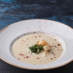 Tasty onion soup in a plate.