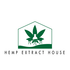 logo of extract  house with hemp leaves and laboratory glass design