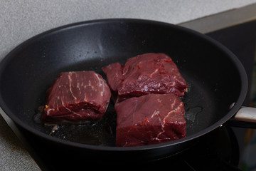 Meat beef steak cooked on the frying pan