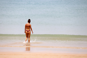 Sea vacations, slim girl in thong bikini going to swim, rear view. Concept of swimming, sexy body, sunny holidays and enjoying the water