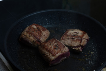 Meat beef steak cooked on the frying pan
