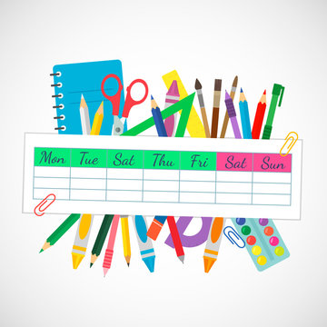 school banner with a weekly schedule from the diary and stationery. pens, pencils, scissors, ruler, brushes.