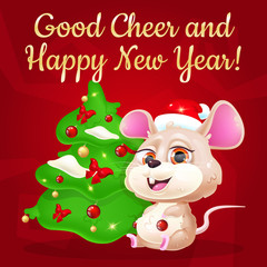 Fototapeta na wymiar Cute mouse kawaii character social media post mockup. Good Cheer and Happy New Year lettering. Positive poster, greeting card template with animal of 2020, Christmas tree. Print, postcard illustration