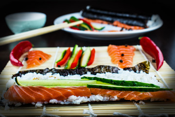 Ingredients for sushi. Classic sushi with raw salmon.