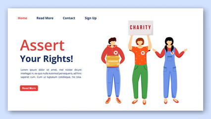 Assert your rights landing page vector template. Charity website interface idea with flat illustrations. Fundraising campaign homepage layout. Social activism web banner, webpage cartoon concept