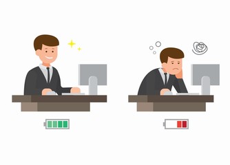 office worker fresh and tired with energy bar in flat illustration editable vector