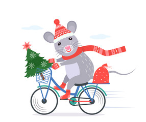 funny little rat in santa claus costume rides a bike with a christmas tree and a full bag of gifts.
