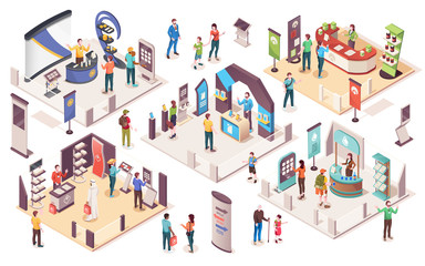 People at expo or business exhibition, vector isometric icons. Technology and business exhibition with product display exposition stands, company consultants, info desks, promotion banners and - obrazy, fototapety, plakaty
