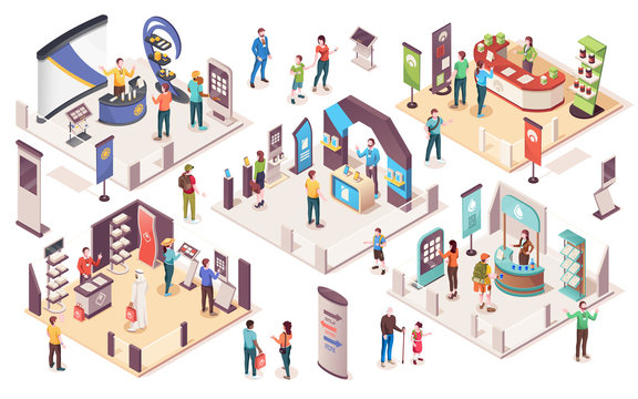 People at expo or business exhibition, vector isometric icons. Technology and business exhibition with product display exposition stands, company consultants, info desks, promotion banners and