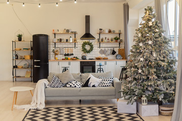 kitchen studio with christmas tree and christmas decoration