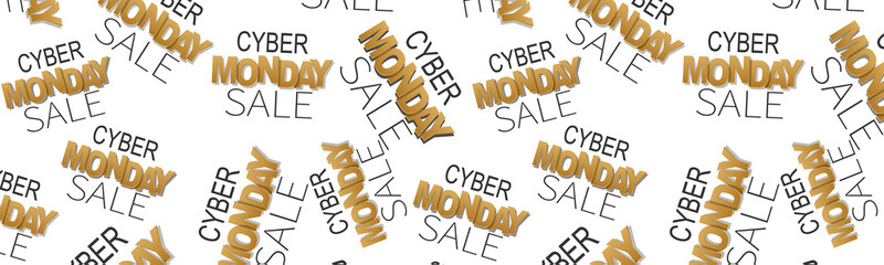 Cyber Monday sale banner. Website or newsletter header. Special offer discount. Silver background with scattered lettering. Vector illustration.