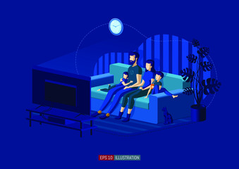 Fototapeta na wymiar Trendy flat illustration. The family watches TV. Cable TV. Family leisure. Template for your design works. Vector graphics.