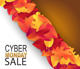Cyber Monday sale banner. Special offer discount. Autumn leaves decoration. Vector illustration.