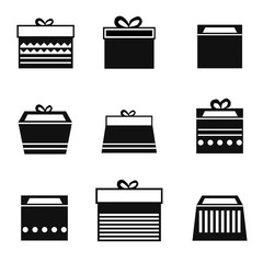 Gift box icon set in black on white background. For Christmas birthday anniversary celebration and all festive occasions. Abstract art illustrations. Nine box design. Clip art image