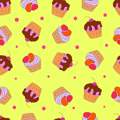 Cakes  seamless pattern on a yellow background.