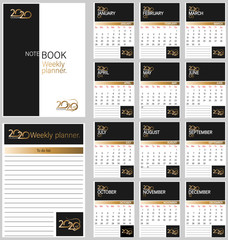 Calendar template 2020. logo with a computer mouse. Planner diary in a minimalist style. Corporate and business calendar.  in minimal table and black and gold color event planner. Week Starts Sunday.