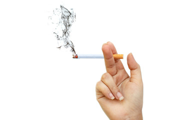 Image of cigarette burns with smoke in lady's hand