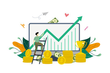 Business profit growth to success, profitable investment, profit increase, economic or market growth, finance rising up concept vector flat illustration template