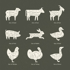 Farm animals silhouettes collection for groceries, meat stores, packaging, and advertising.