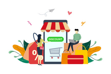 Online shop, e-commerce market, discount, retail and special offer concept vector flat illustration template, suitable for background, landing page, advertising illustration