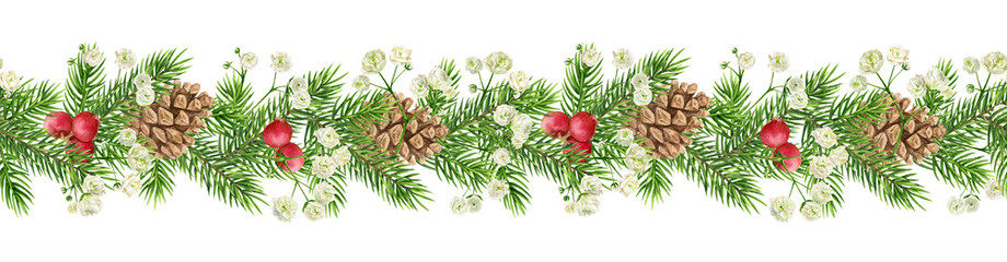 Watercolor Christmas seamless pattern. Hand painted rim with green fir branches, cones, red berries, small white flowers