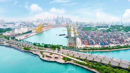 international port of Singapore near Sentosa Island - obrazy, fototapety, plakaty
