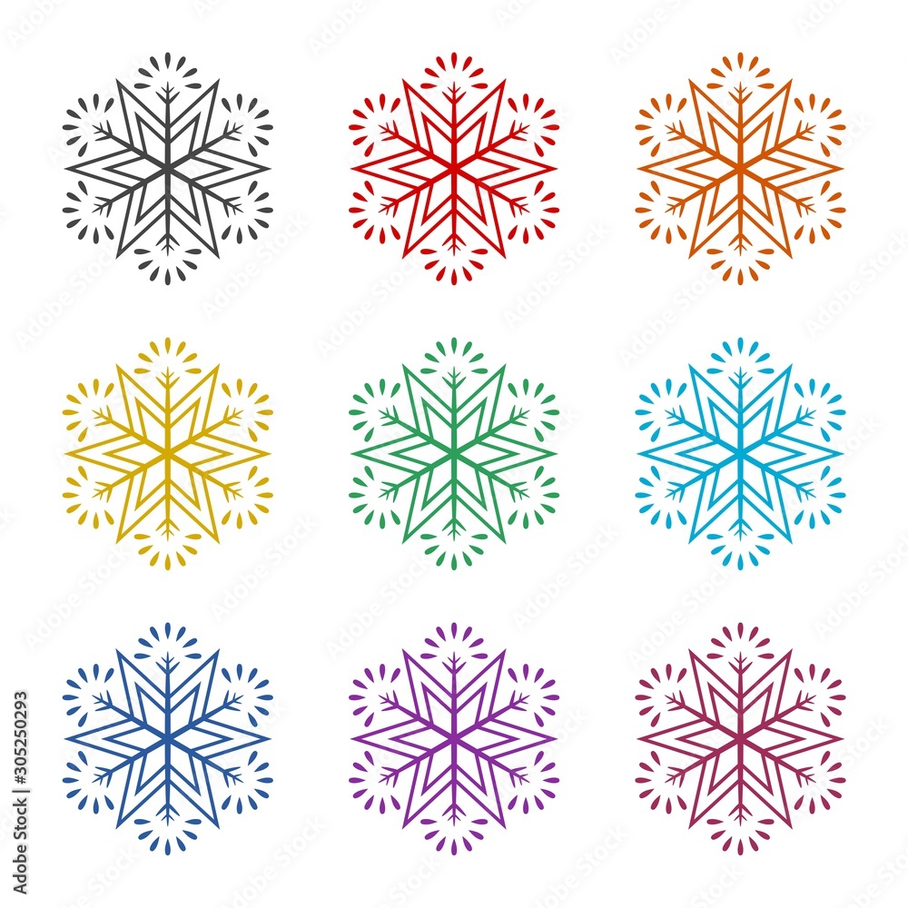 Poster snowflake color icon set isolated on white background