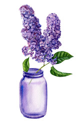 watercolor illustration, bouquet of flowers, lilac branch in a purple bottle