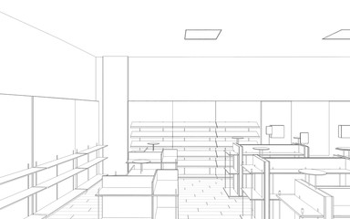 shopping mall, contour visualization, 3D illustration, sketch, outline