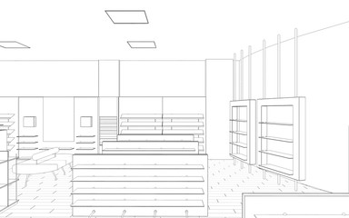 shopping mall, contour visualization, 3D illustration, sketch, outline