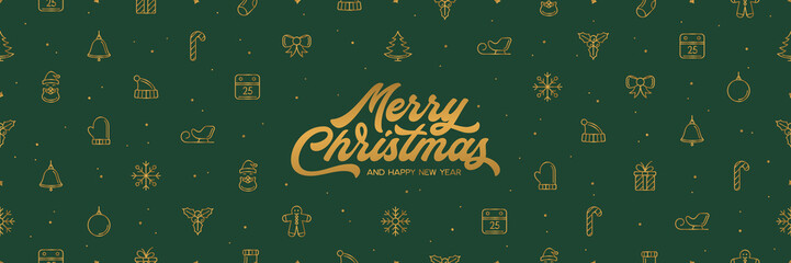 Merry Christmas Happy New Year icons greeting card. Vector illustration.