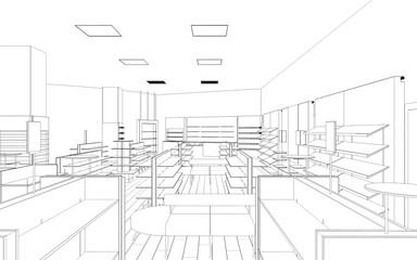 shopping mall, contour visualization, 3D illustration, sketch, outline