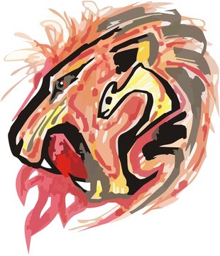 Fiery aggressive lion head symbol. Roaring watercolor lion head splashes with fire in red and black tones for your design