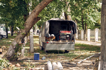 automotive technical equipment with welding and generator of a brigade of municipal workers