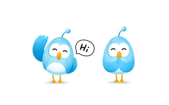 Set of cute bird robot character in greeting and pay resperct pose